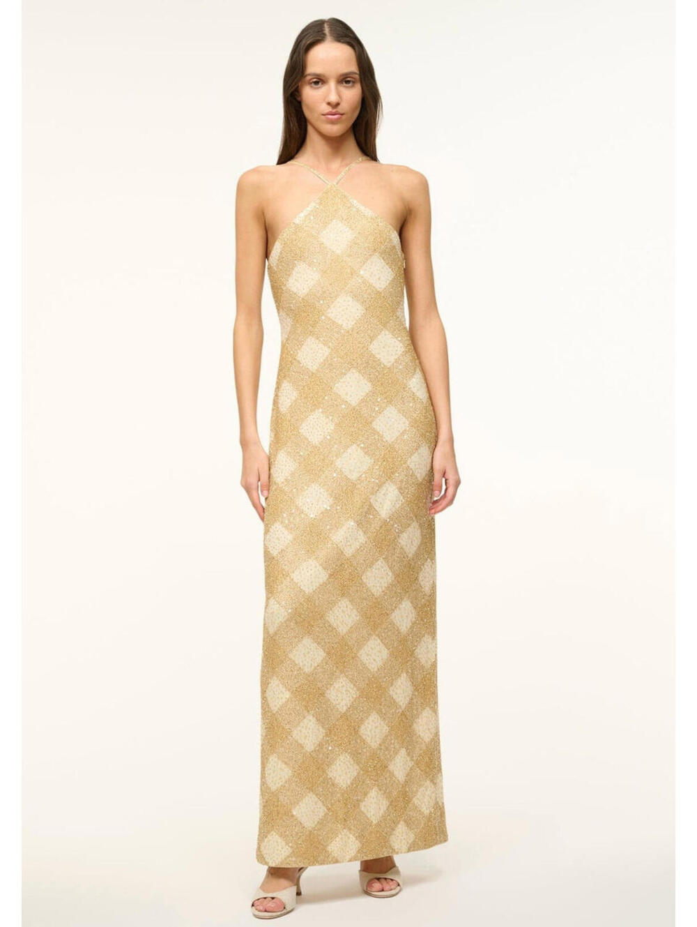 NWT $1,495 STAUD Cubism Beaded Halter Dress Gown Le Sable Large Designer